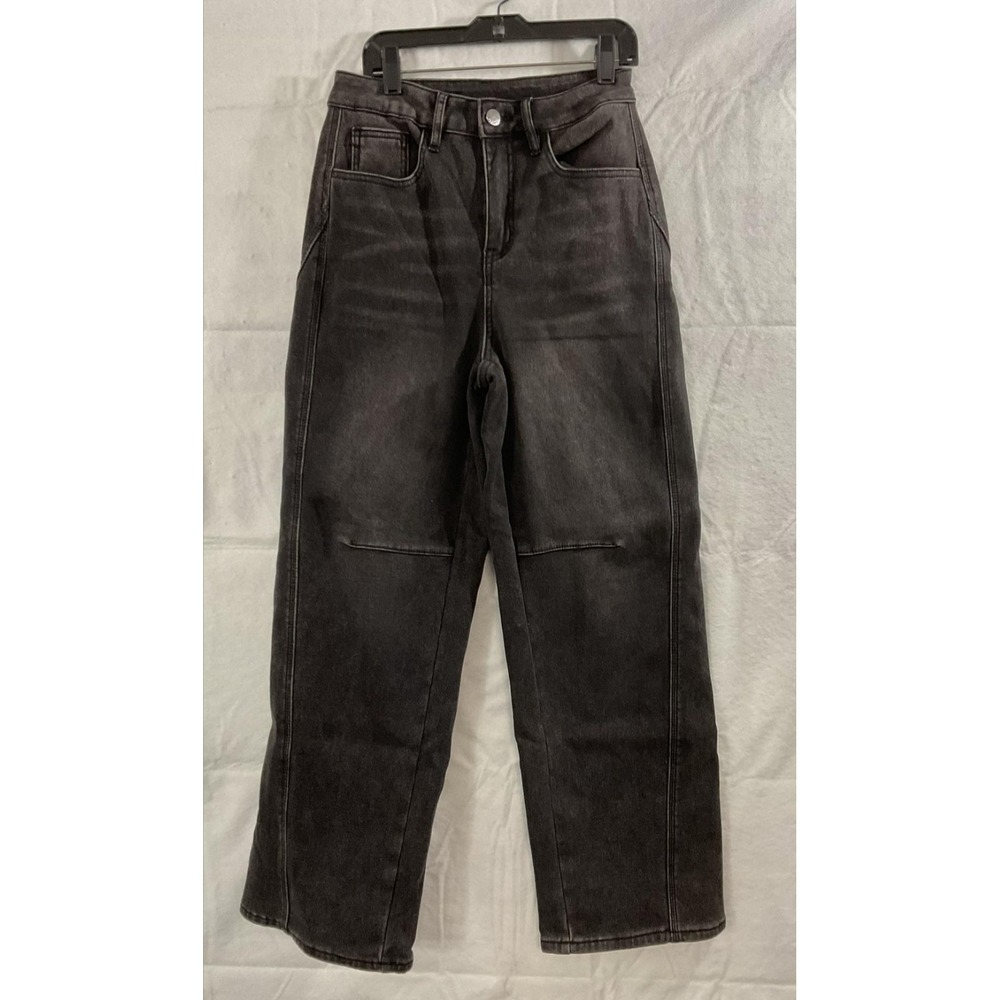 Hello Jeans‎ Womens XS Charcoal Wide Leg High Rise Fleece Lined Thermal Denim